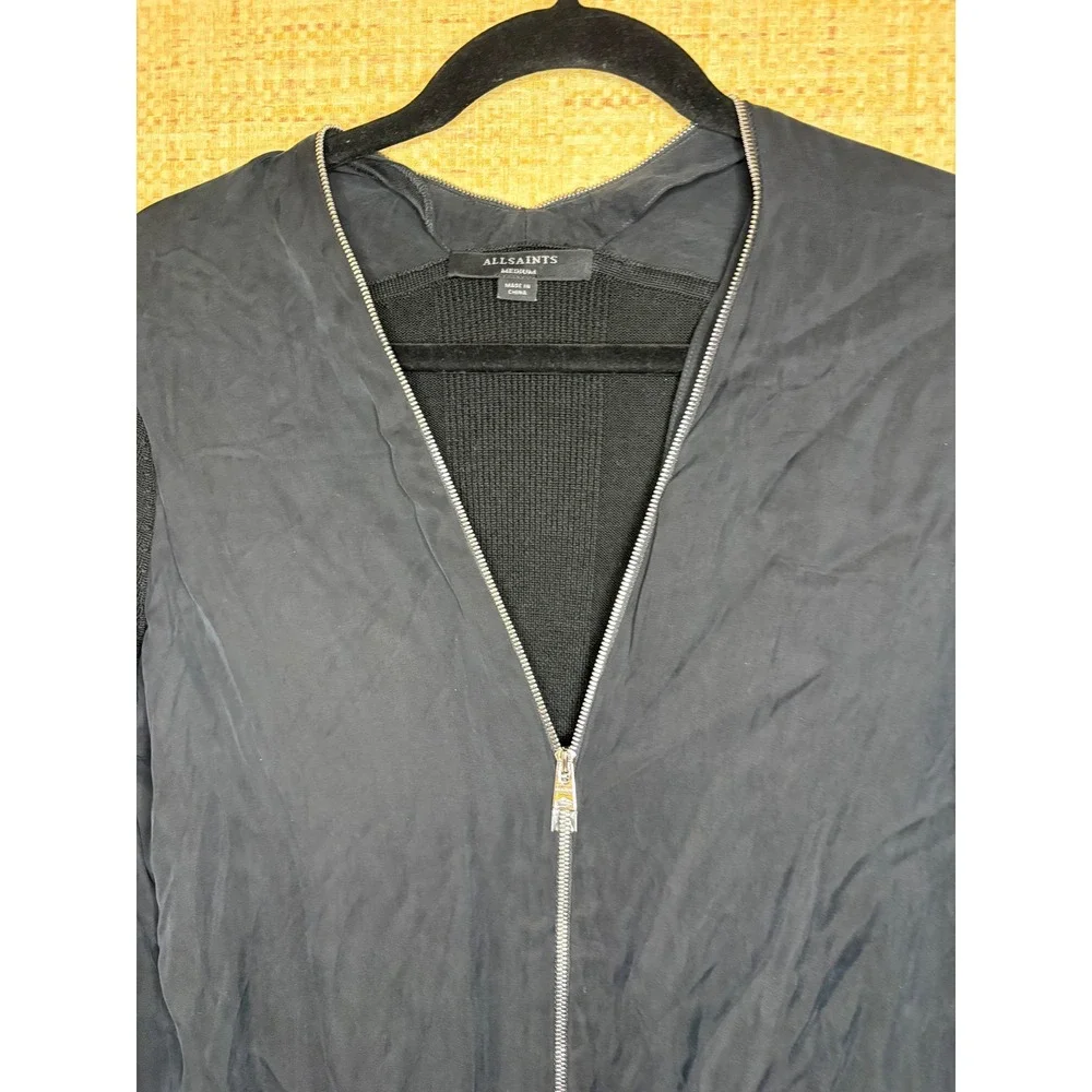AllSaints Black Wool Cupro Mixed Media Full Zip Cardigan Sweater Medium
